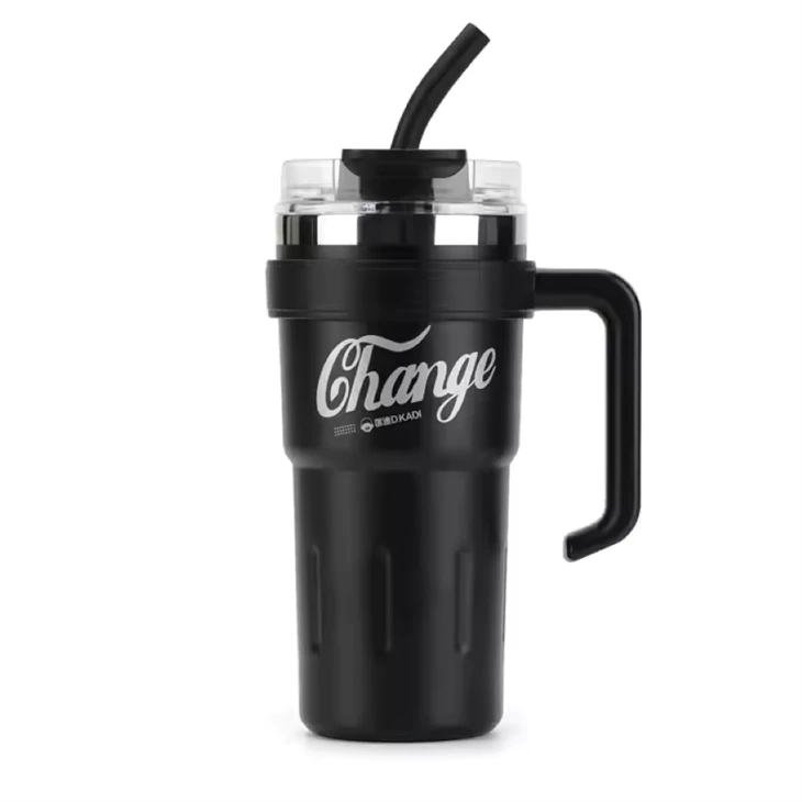 Vacuum Travel Double Wall Stainless Steel Tumbler Cup With Handle And Straw